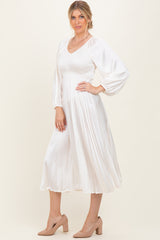 Cream Satin Smocked Pleated Midi Dress