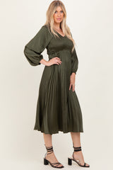 Olive Satin Smocked Pleated Midi Dress