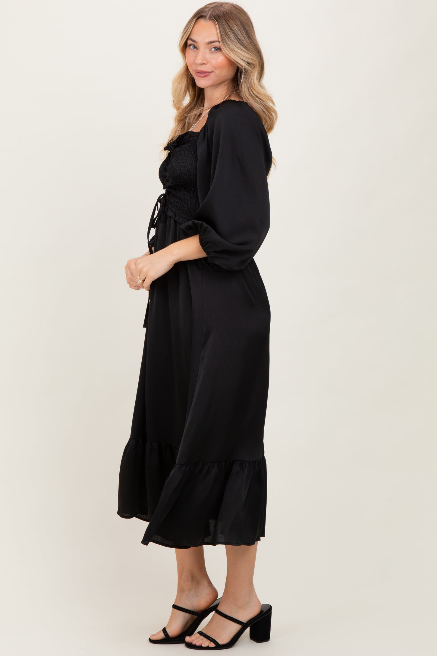 Black Satin Smocked Cinched Bust Midi Dress