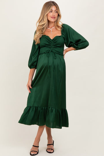 Green Satin Smocked Cinched Bust Maternity Midi Dress