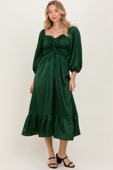 Green Satin Smocked Cinched Bust Midi Dress