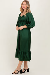 Green Satin Smocked Cinched Bust Midi Dress