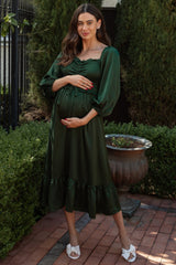 Green Satin Smocked Cinched Bust Maternity Midi Dress