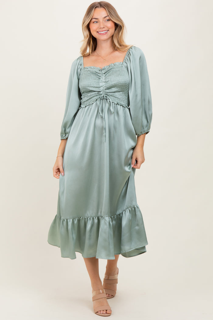 Light Olive Satin Smocked Cinched Bust Maternity Midi Dress