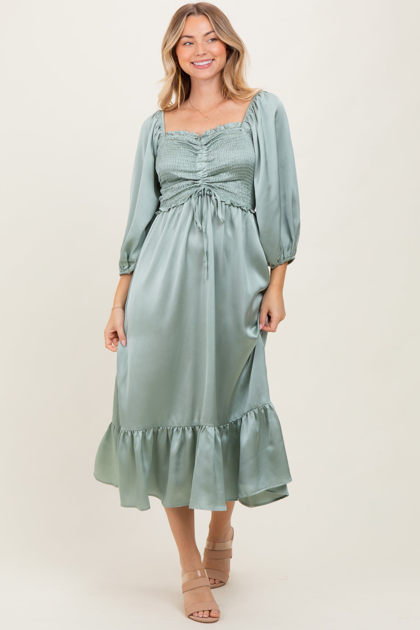 Light Olive Satin Smocked Cinched Bust Midi Dress