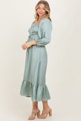Light Olive Satin Smocked Cinched Bust Midi Dress