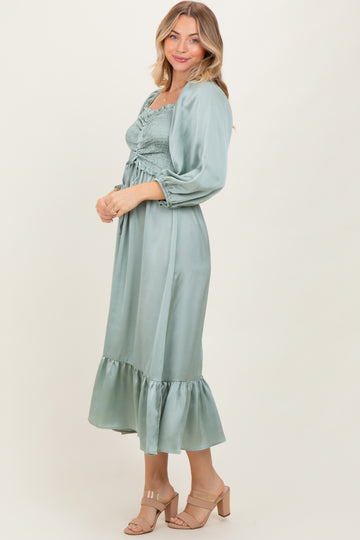 Light Olive Satin Smocked Cinched Bust Midi Dress
