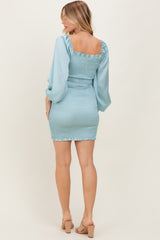 Light Blue Satin Smocked Bubble Sleeve Mini Dress