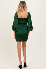 Green Satin Smocked Bubble Sleeve Maternity Mini Dress