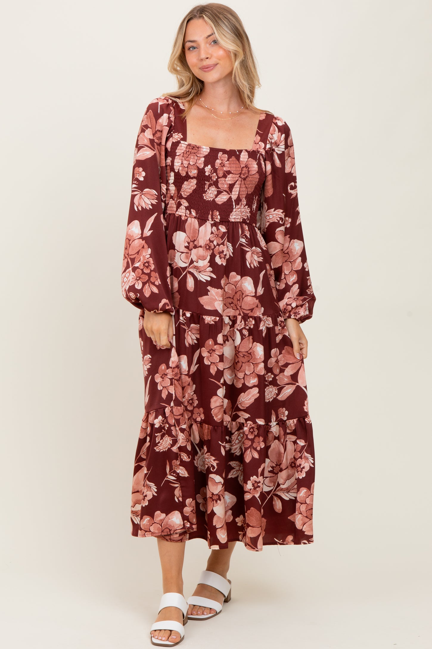 Burgundy Floral Smocked Long Sleeve Maternity Midi Dress