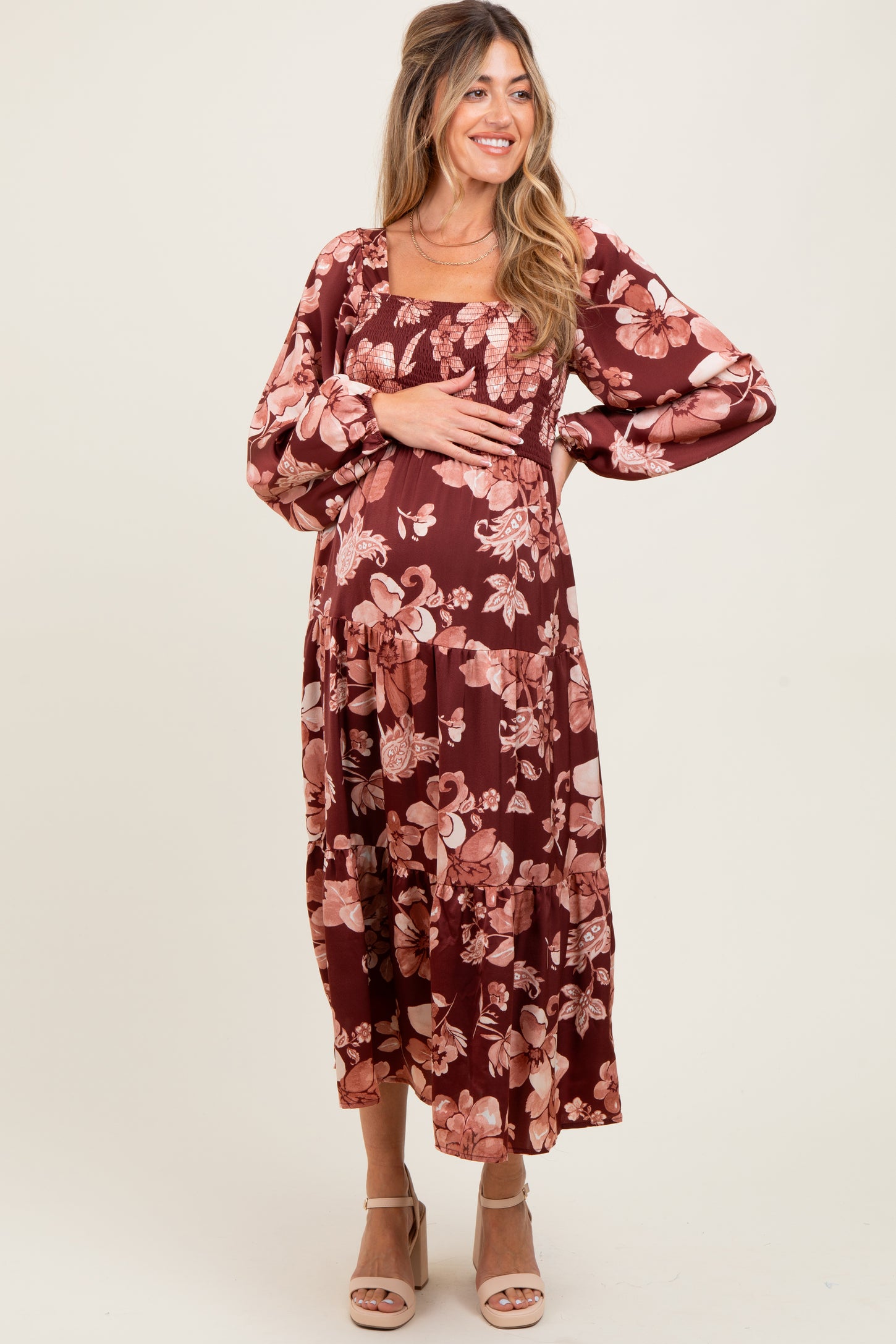 Burgundy Floral Smocked Long Sleeve Maternity Midi Dress