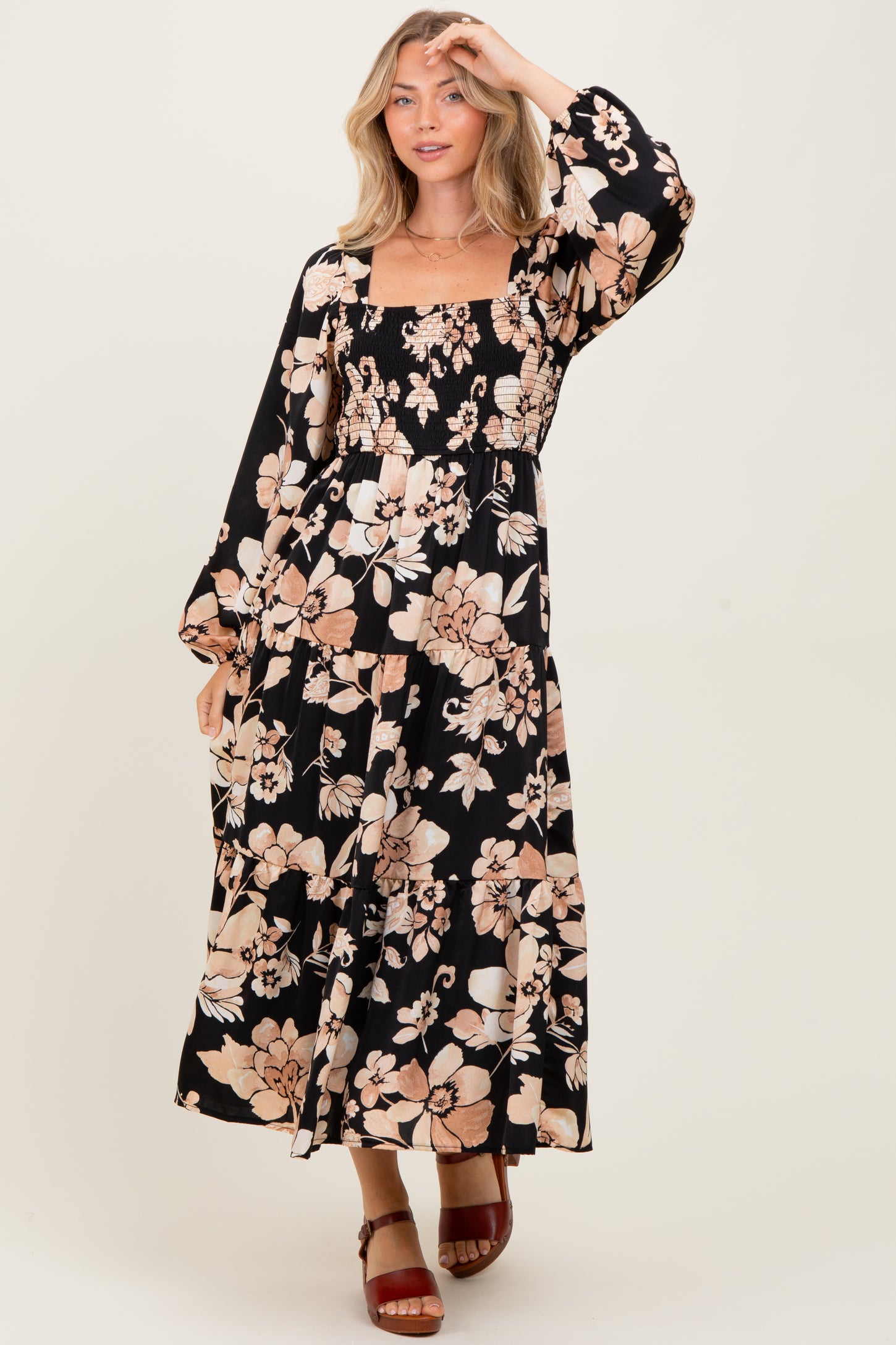 Black Floral Smocked Long Sleeve Midi Dress