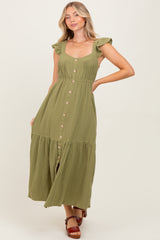 Light Olive Cotton Gauze Button Down Midi Dress