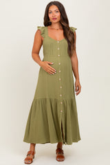 Light Olive Cotton Gauze Button Down Maternity Midi Dress