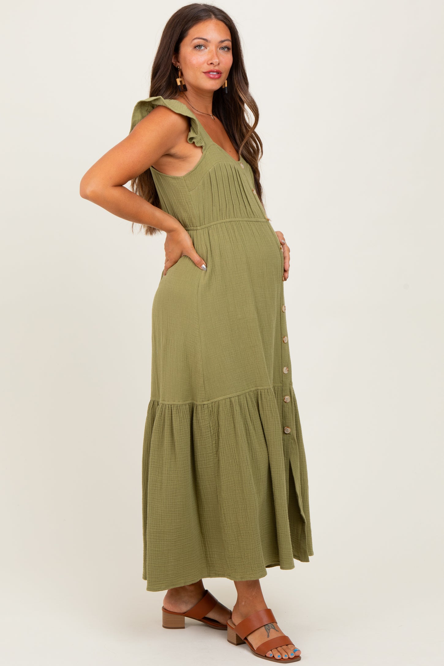 Light Olive Cotton Gauze Button Down Maternity Midi Dress