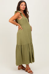 Light Olive Cotton Gauze Button Down Maternity Midi Dress