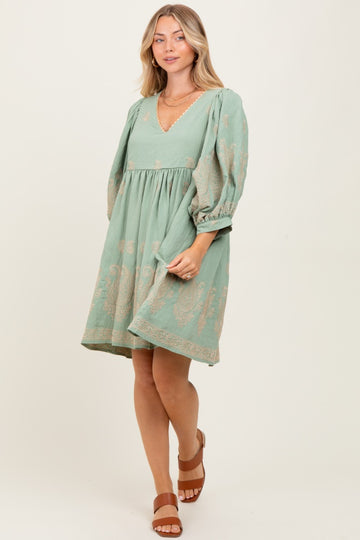 Light Olive Paisley Embroidered Bubble Sleeve Dress