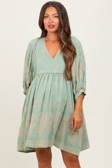 Light Olive Paisley Embroidered Bubble Sleeve Maternity Dress