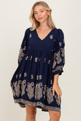 Navy Paisley Embroidered Bubble Sleeve Maternity Dress