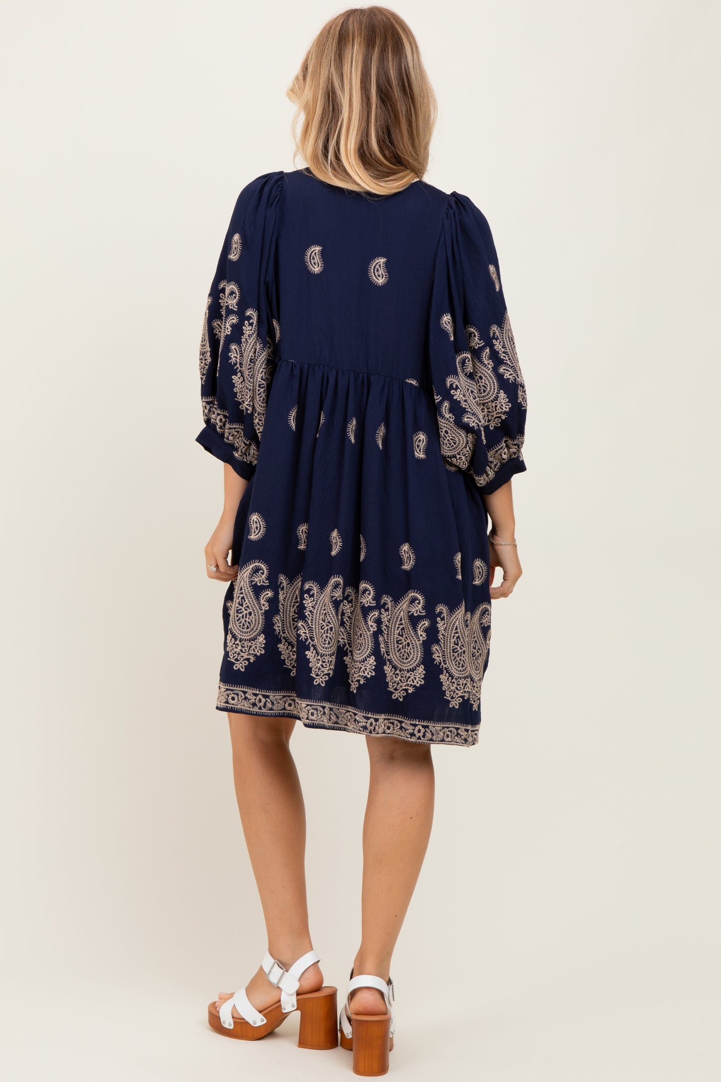 Navy Paisley Embroidered Bubble Sleeve Dress