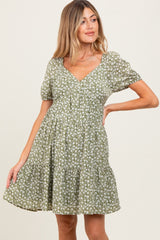 Light Olive Floral Tiered V-Neck Maternity Mini Dress
