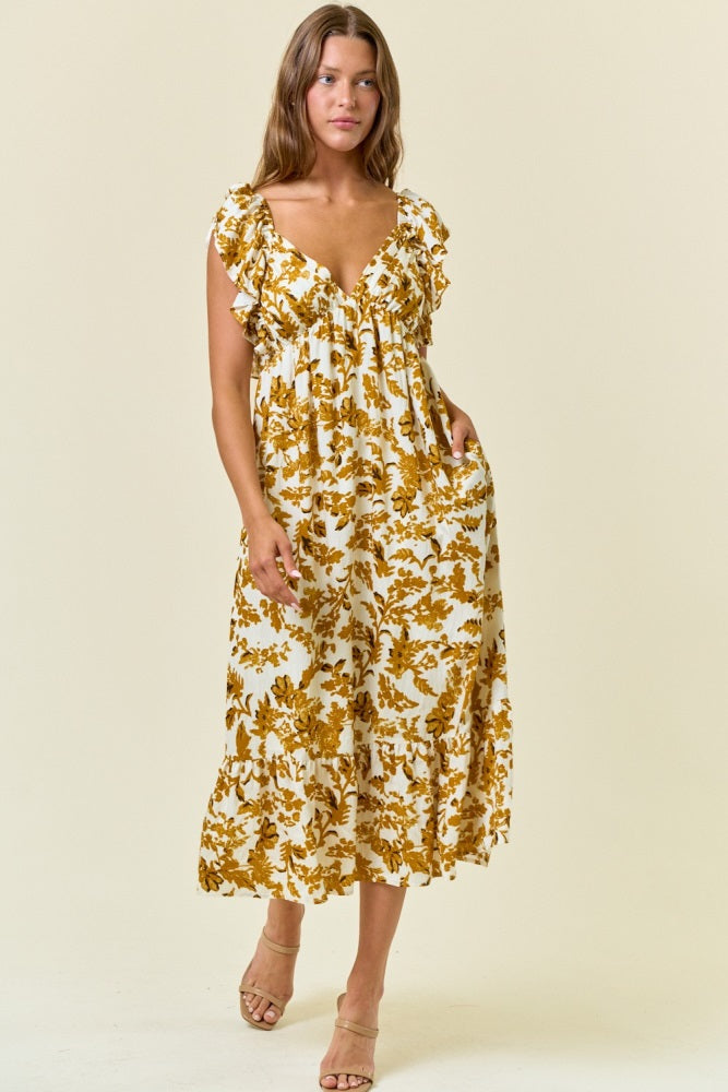 Yellow Floral V-Neck Flutter Sleeve Maternity Midi Dress