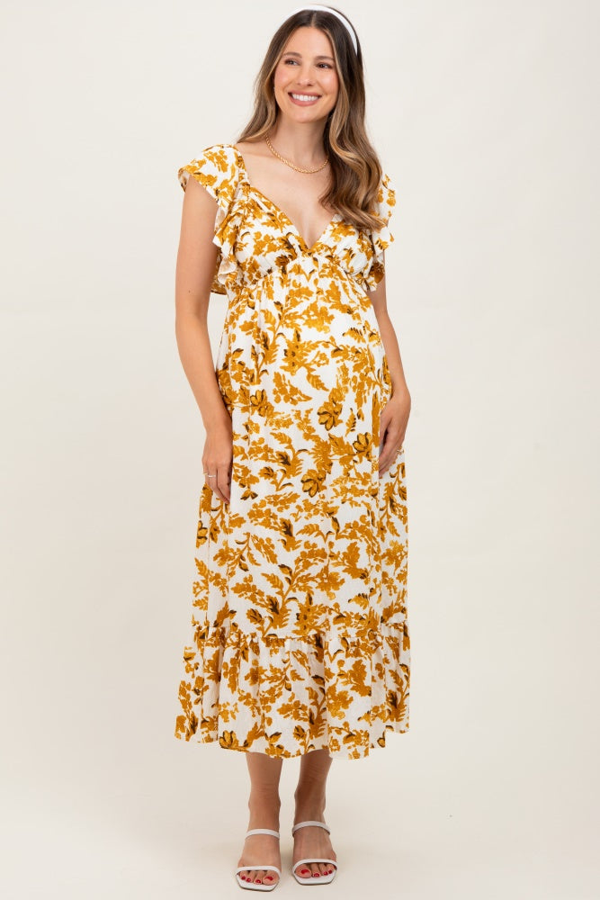 Yellow Floral V-Neck Flutter Sleeve Maternity Midi Dress