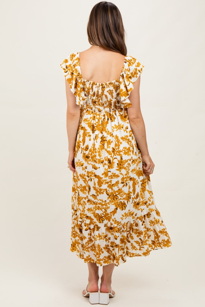 Yellow Floral V-Neck Flutter Sleeve Maternity Midi Dress