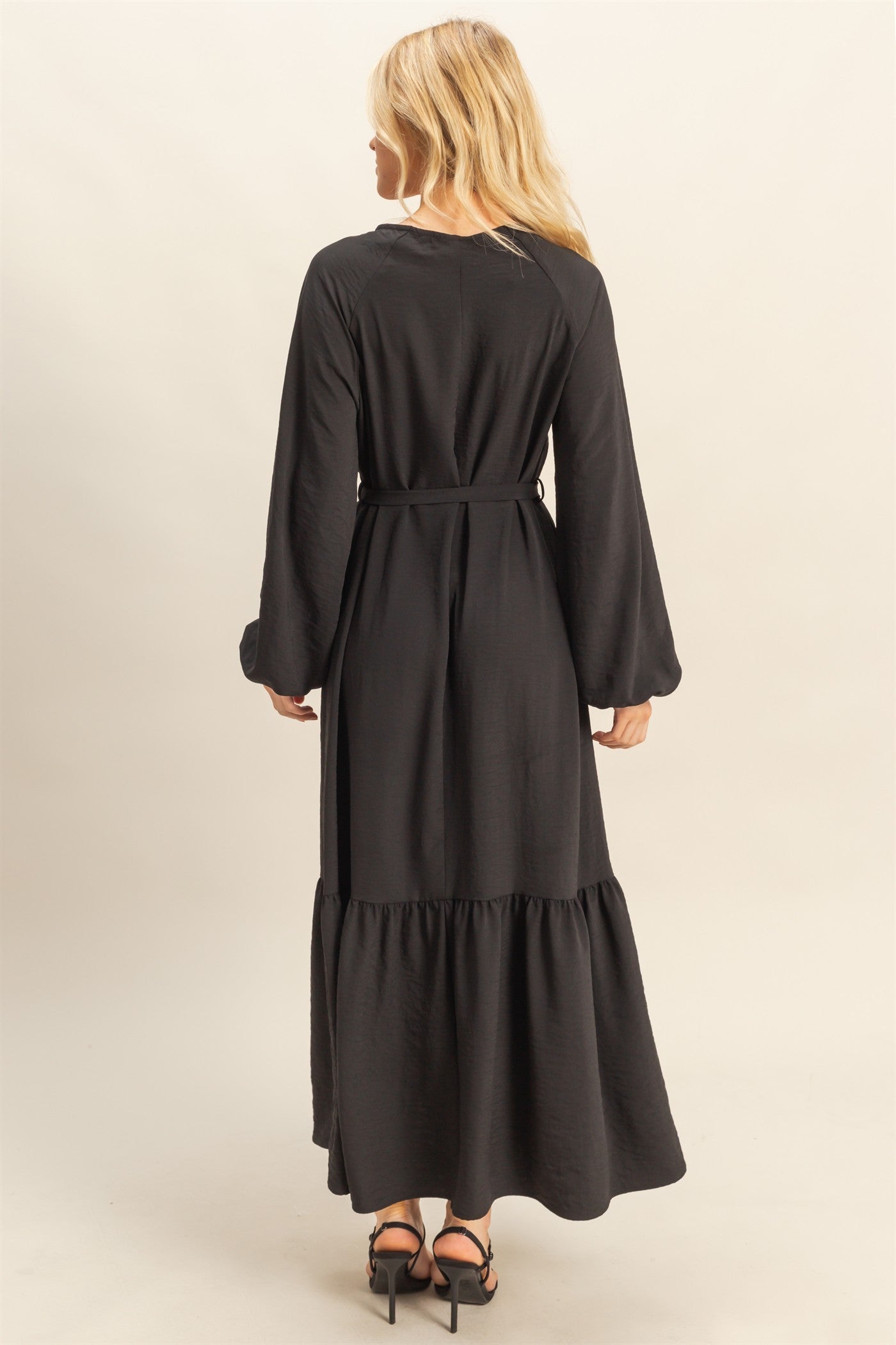 Black Elegant Long Sleeve Waist Tie Midi Dress