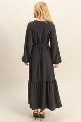 Black Elegant Long Sleeve Waist Tie Midi Dress