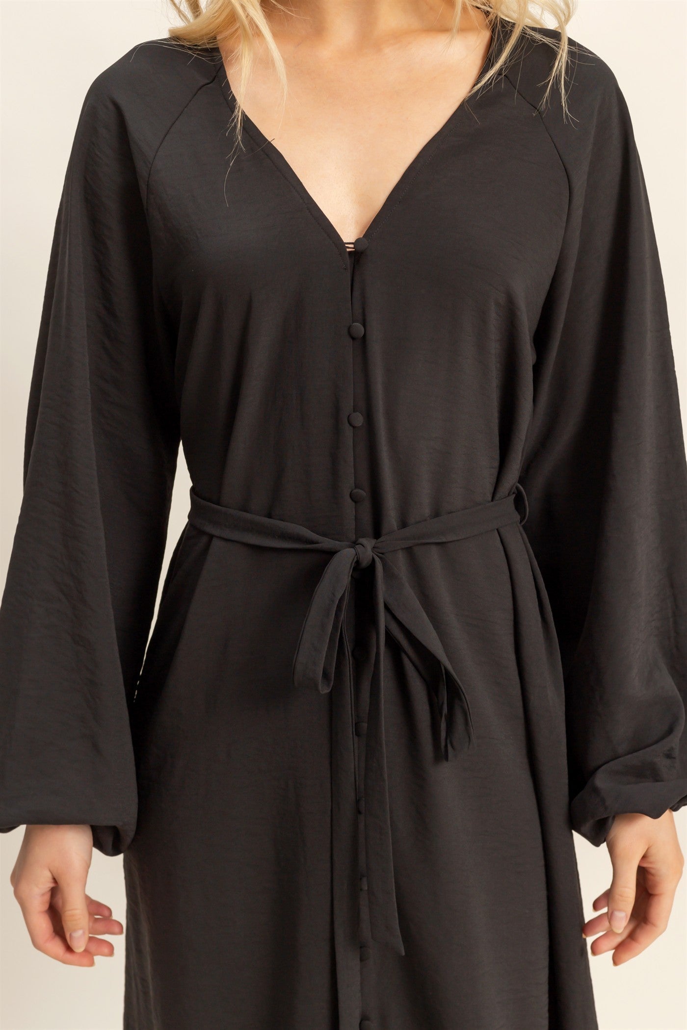 Black Elegant Long Sleeve Waist Tie Midi Dress