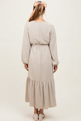 Beige Elegant Long Sleeve Waist Tie Maternity Midi Dress