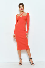 Orange Cutout Cross-Strap Knit Midi Dress