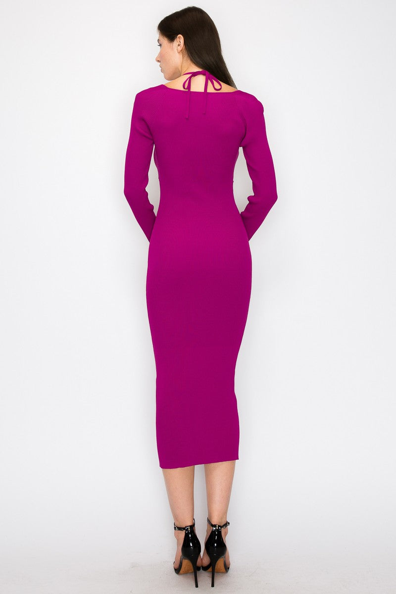 Magenta Cutout Cross-Strap Knit Midi Dress