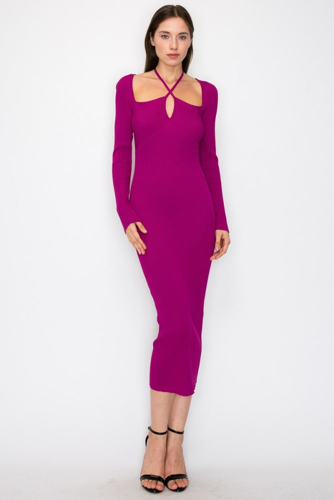 Magenta Cutout Cross-Strap Knit Maternity Midi Dress