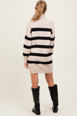 Beige Striped Knit Turtleneck Maternity Sweater Dress