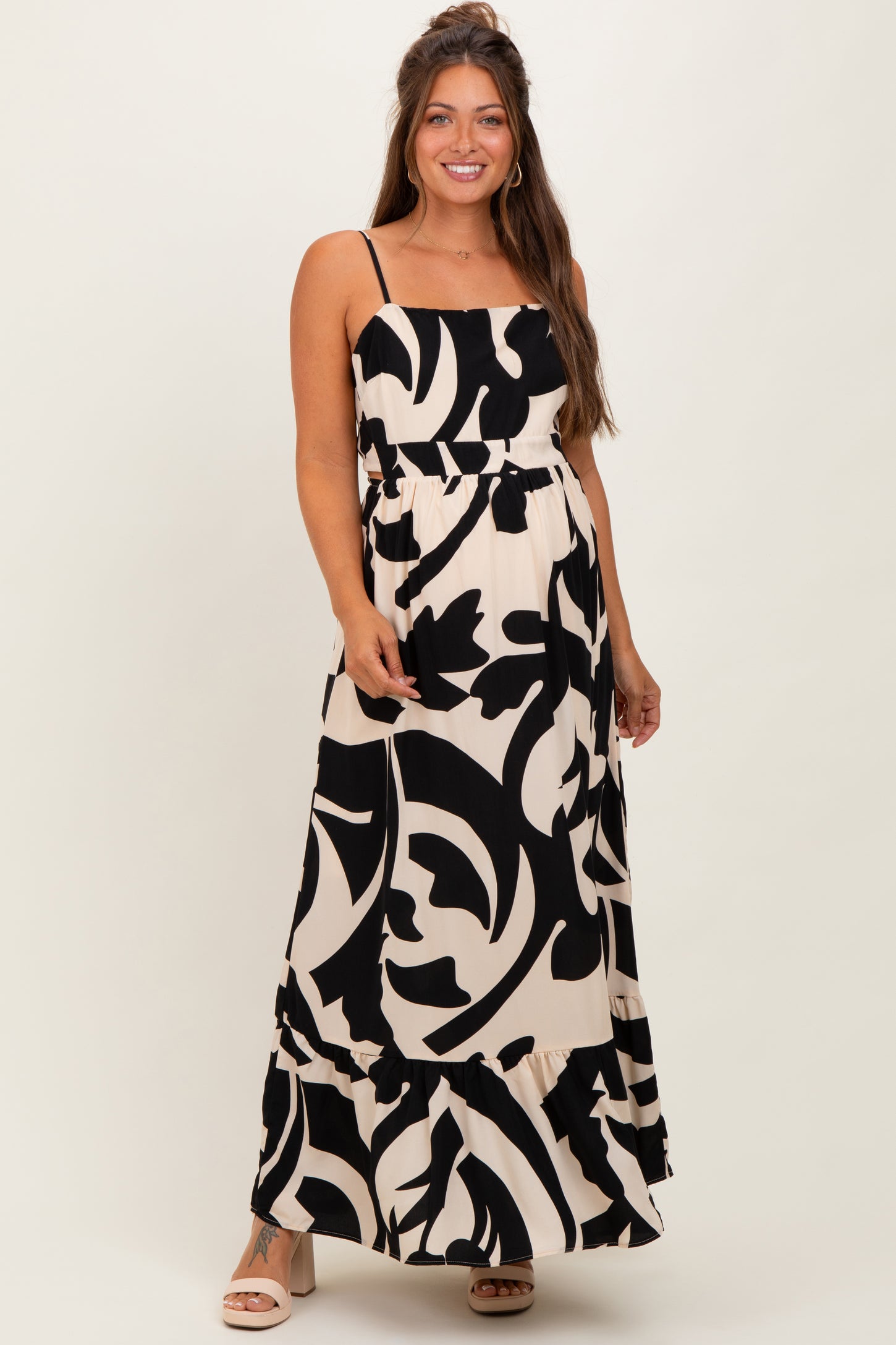 Black Printed Sleeveless Cutout Tie Back Maternity Maxi Dress