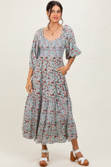 Light Blue Floral Smocked Sweetheart Neckline Midi Dress