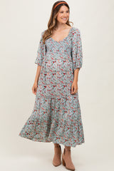 Light Blue Floral Smocked Sweetheart Neckline Maternity Midi Dress