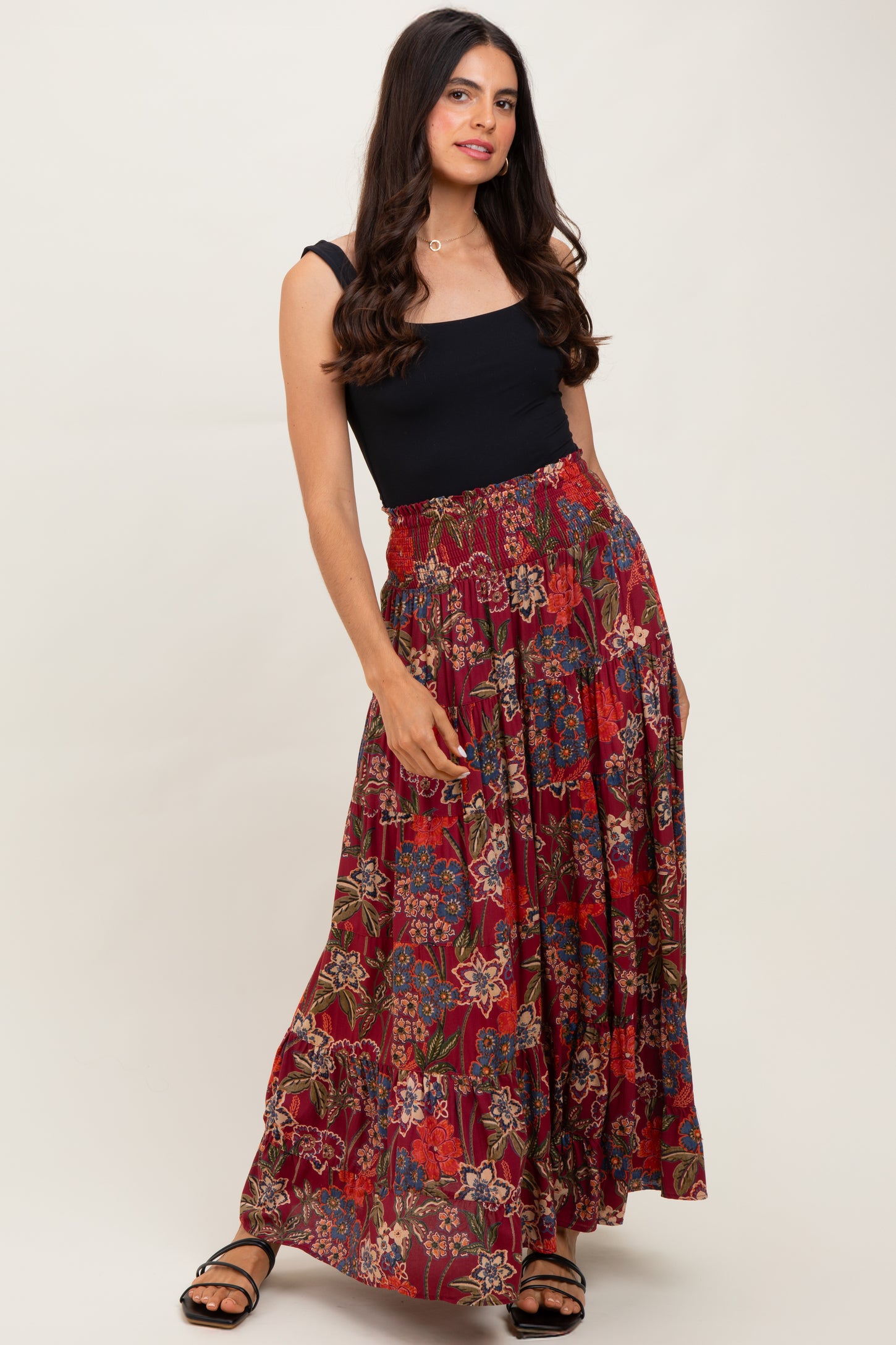 Burgundy Floral Smocked Waist Tiered Maxi Skirt
