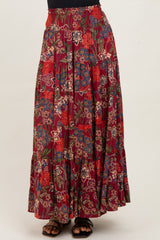Burgundy Floral Smocked Waist Tiered Maxi Skirt