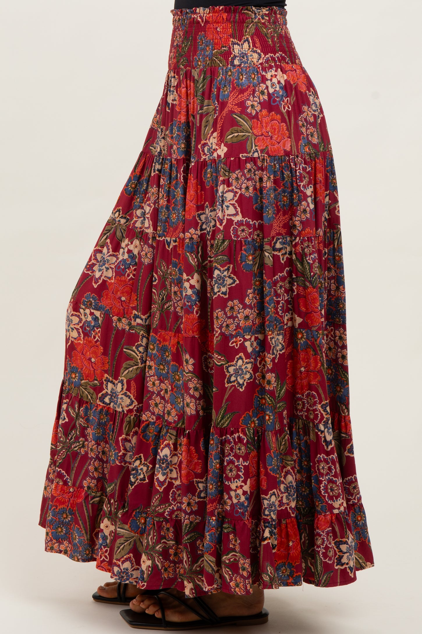 Burgundy Floral Smocked Waist Tiered Maxi Skirt