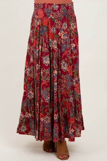 Burgundy Floral Smocked Waist Tiered Maternity Maxi Skirt