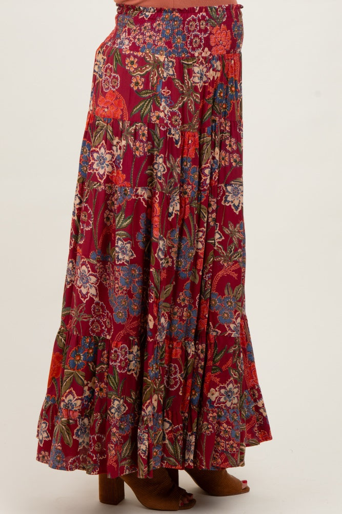 Burgundy Floral Smocked Waist Tiered Maternity Maxi Skirt
