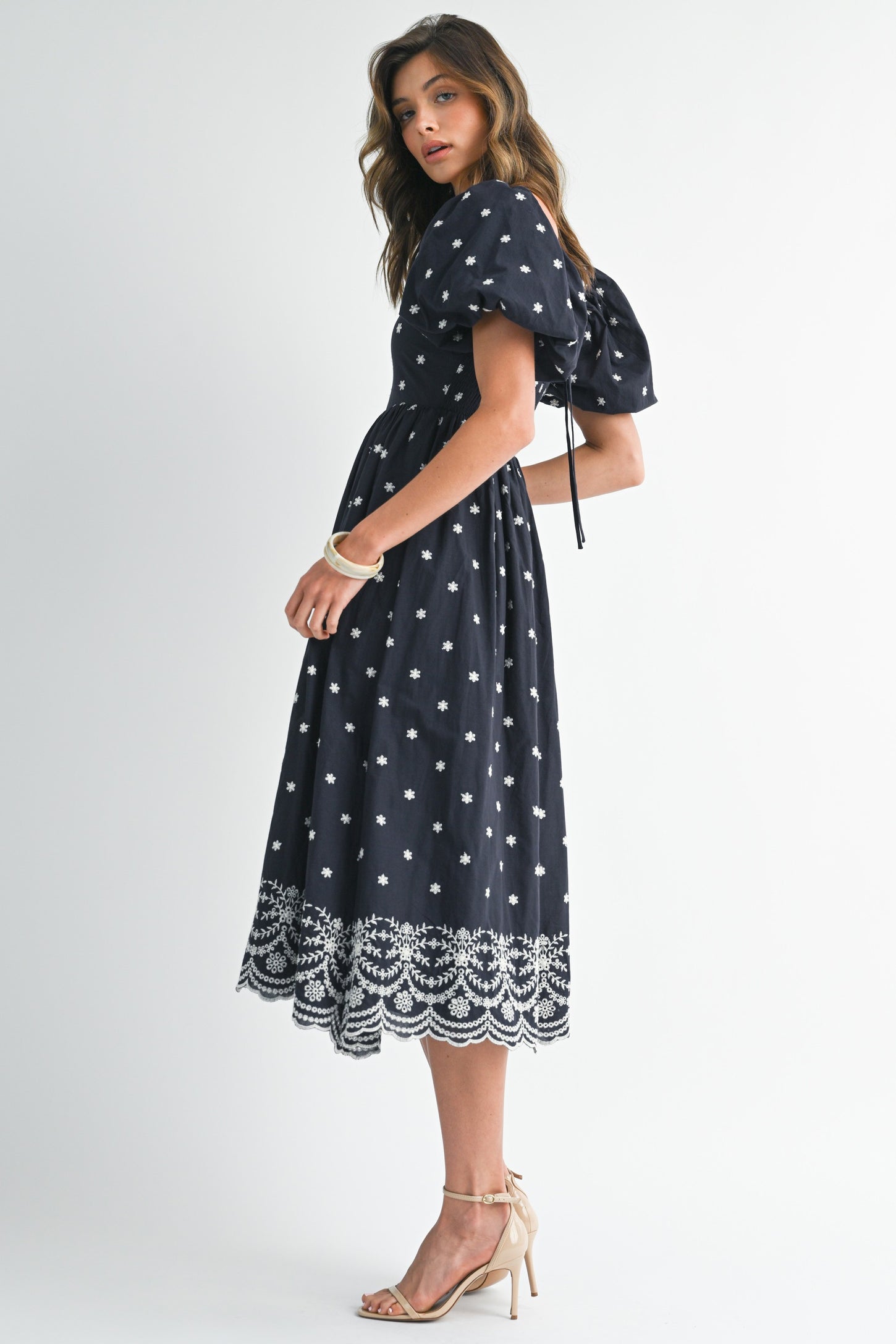Navy Floral Embroidery Puff Sleeve Midi  Dress