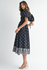 Navy Floral Embroidery Puff Sleeve Midi  Dress