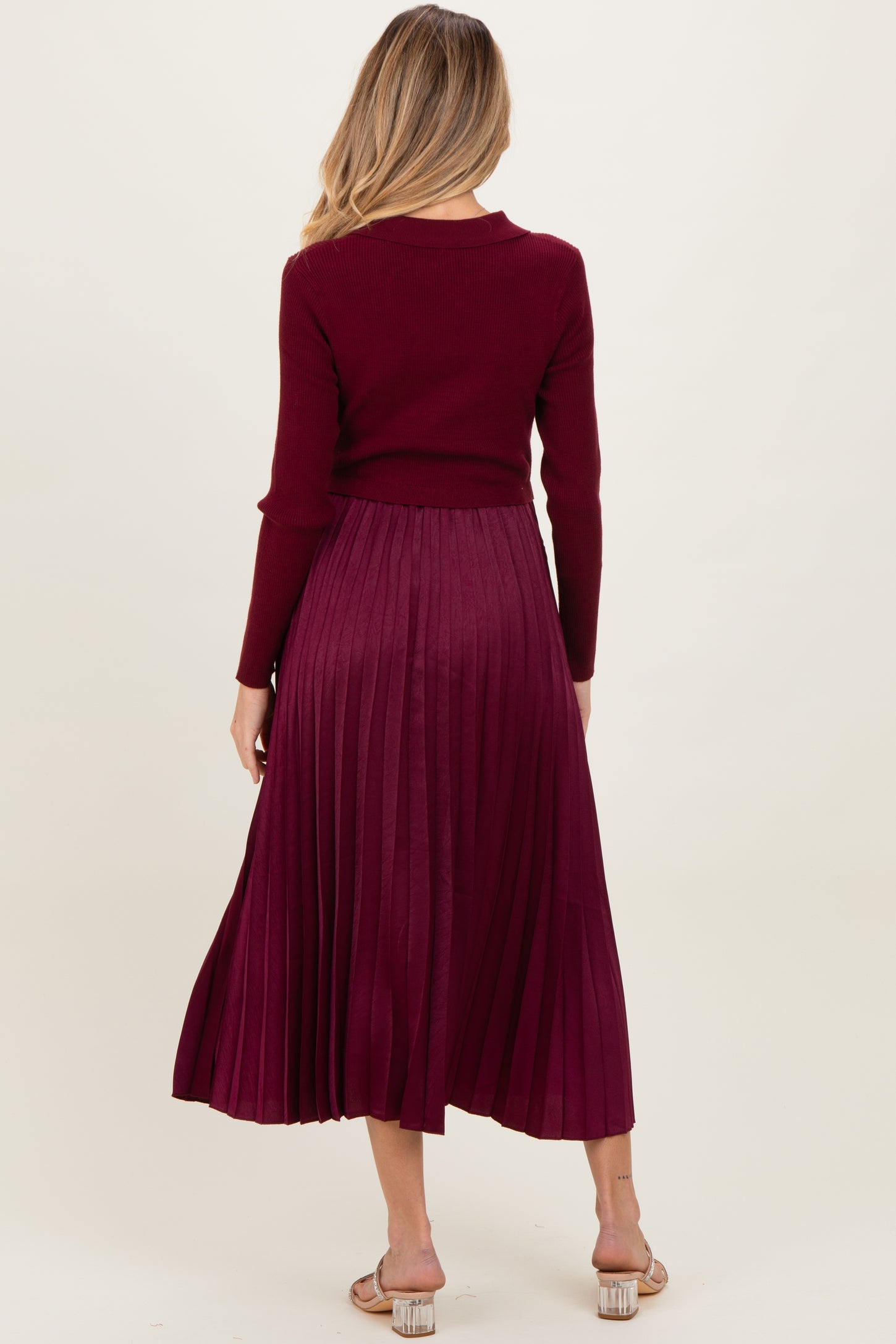 Burgundy Collared Knit Contrast Pleated Skirt Maternity Midi Dress