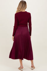 Burgundy Collared Knit Contrast Pleated Skirt Maternity Midi Dress