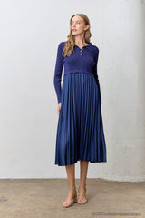 Navy Collared Knit Contrast Pleated Skirt Midi Dress