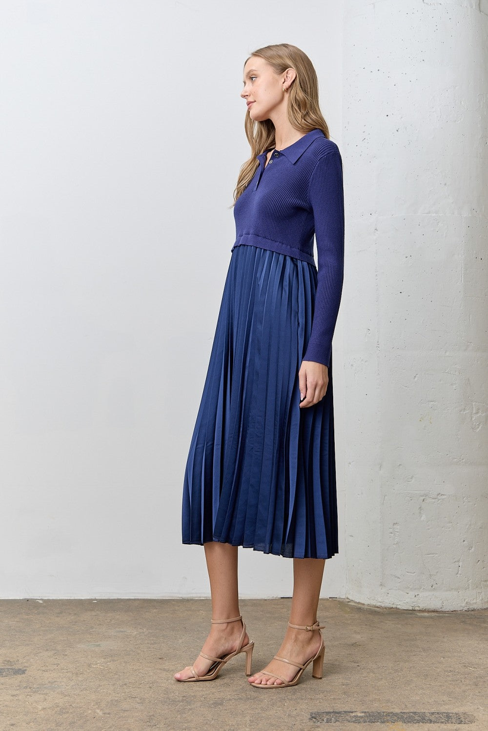 Navy Collared Knit Contrast Pleated Skirt Midi Dress